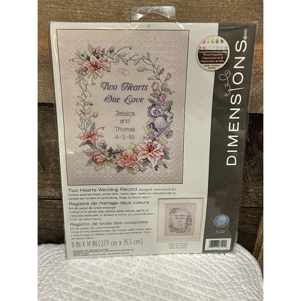 Dimensions Two Hearts Wedding‎ Record Sealed Stamped Cross Stitch Kit 11x14 2011